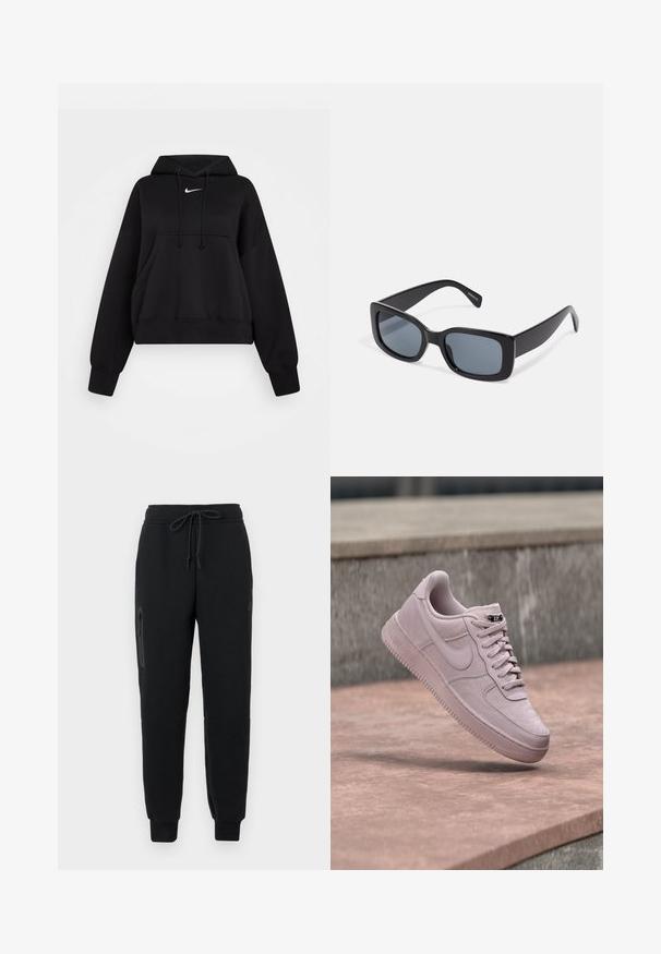 Sort cropped hoodie lavet af blødt stof, med hætte med snor, frontlomme til hænderne og et lille hvidt Nike-logo på brystet.; Sorte sweatpants med snoretræk i taljen, lynlåslomme i siden og tætsiddende nederste kant. Fremstillet af blødt, struktureret stof.; Lyserød Nike Air Force 1 sneaker svæver over en betongulv med rosa nuance med en grå stenvæg i baggrunden.; Sorte rektangulære solbriller med mørkt tonede linser, tyk plastramme og brede stænger. Glat overflade og kantet design.