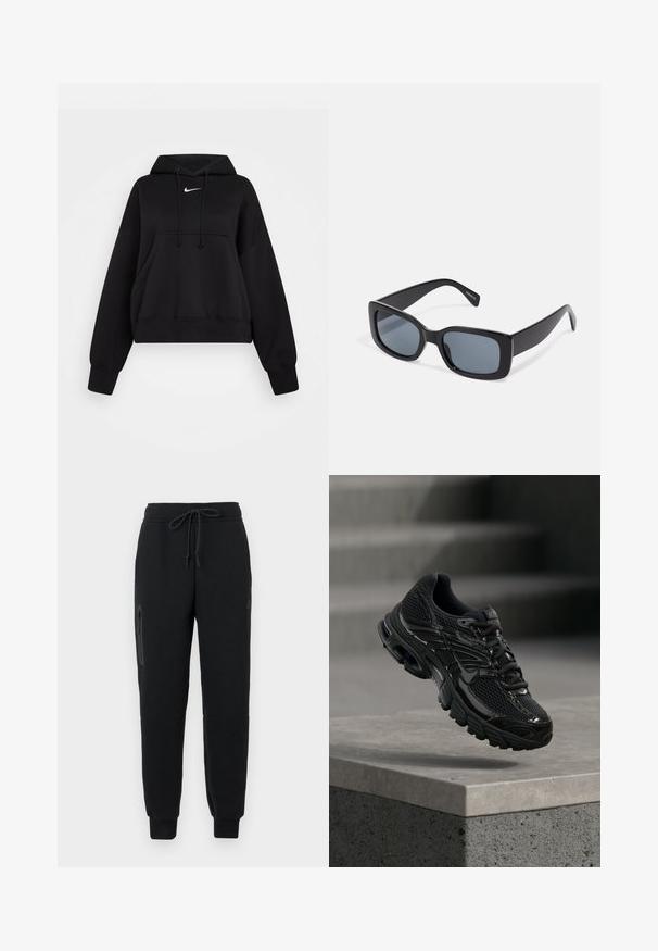 Schwarze, kurze Kapuzenjacke aus weichem Stoff, mit einer Kordelzugkapuze, einer vorderen Kängurutasche und einem kleinen weißen Nike-Logo auf der Brust.; Schwarze Sweatpants mit einem Kordelzugbund, seitlichem Reißverschlusstaschen und schmal zulaufenden Säumen. Hergestellt aus weichem, strukturiertem Stoff.; Schwarzer Nike Laufschuh mit Mesh- und Synthetik-Obermaterial, der über einer Betonfläche und Treppen im Hintergrund schwebt.; Schwarze rechteckige Sonnenbrille mit dunkel getönten Gläsern, dickem Kunstrahmen und breiten Bügeln. Glatte Oberfläche und kantiges Design.