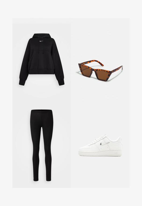Schwarze, kurze Kapuzenjacke aus weichem Stoff, mit einer Kordelzugkapuze, einer vorderen Kängurutasche und einem kleinen weißen Nike-Logo auf der Brust.; Schwarze Leggings aus einem weichen, dehnbaren Material. Sie haben eine schlanke Passform mit einem elastischen Bund und einer glatten, matten Textur.; Weißer Nike Air Force 1 Sneaker mit metallisch silbernem Swoosh-Logo, Schnürsenkeln vorne, gelochtem Zehenbereich und strukturiertem Gummisohle.; Braungetönte Sonnenbrille mit Schildpattmuster, eckigem Rahmen und schlanken Bügeln. Hergestellt aus leichtem Kunststoffmaterial.