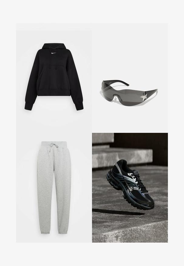 Sort cropped hoodie lavet af blødt stof, med hætte med snor, frontlomme til hænderne og et lille hvidt Nike-logo på brystet.; Grå sweatpants med elastisk talje, justerbar snøre og ribbede manchetter. Lavet af blødt stof; har to sidelommer.; Sort og sølv Nike løbesko svævende over betontrappe, viser detaljeret design og tekstureret sål i udendørs omgivelser.; Sorte solbriller med wrap-around design, mørktonede linser, skinnende stjerneformede detaljer og justerbare næsepuder.