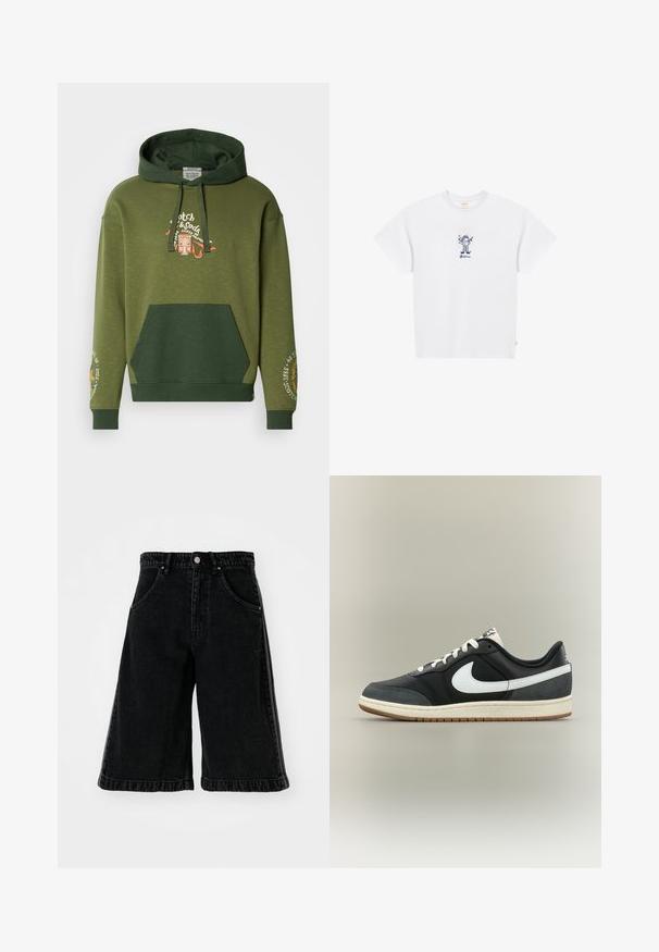 Olivengrønt hætte sweatshirt med en kængurulomme, justerbar hætte og broderede detaljer på ærmerne for en lagdelt struktur og design.; Hvid T-shirt med korte ærmer med lille blåt broderet figur iført hat og frakke, stående centralt over kursiv tekst.; Sorte denimshorts med bred ben-design, der har høj talje, bæltestropper og forlommer. Minimalistisk syninger og hardware detaljer.; Lavtop sort sneaker med hvid Nike-swoosh, hvide snørebånd og beige sål med brun ydersål, vist på neutral baggrund.