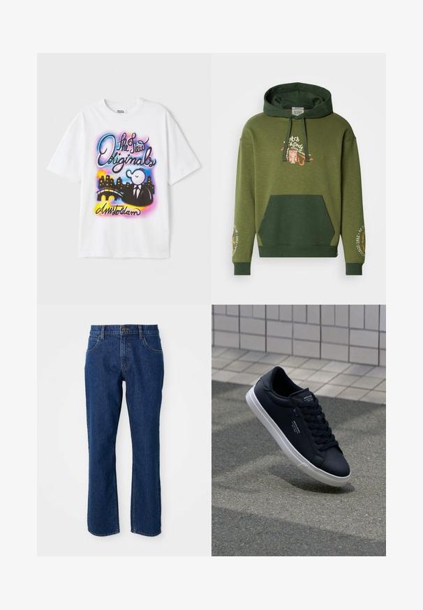 Olivengrønt hætte sweatshirt med en kængurulomme, justerbar hætte og broderede detaljer på ærmerne for en lagdelt struktur og design.; Hvid bomulds T-shirt med grafisk motiv på forsiden, der viser farverige tekster, en tegneseriefigur i jakkesæt, en bro og en by-skyline.; Mørkeblå lige-fit denim jeans med for- og baglommer, bæltestropper og knaplukning i taljen.; Sort lædersneaker med en glat overflade, hvid gummisål og tonale snørebånd. Har mærkeaccentuer på tungen og siden.
