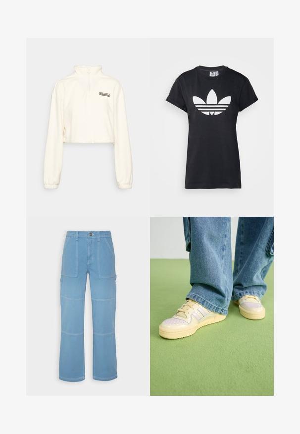 adidas Originals CROPPED - Flísový sveter - white; Čierne bavlnené tričko s krátkymi rukávmi a veľkým bielym logom Adidas Trefoil s tromi horizontálnymi pruhmi pod ním.; BDG Urban Outfitters UTILITY SKATE - Nohavice - blue; Tenisky s krémovým zvrškom a štruktúrovanou gumovou podrážkou, s dierkovanými detailmi a vrstvenými akcentmi v svetlomodrej a béžovej farbe.