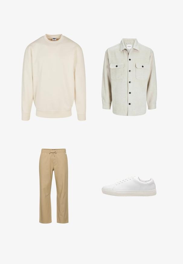 Cremefarvet sweatshirt med ribbet halsudskæring og manchetter. Har en afslappet pasform, blød tekstur og ingen synlige mønstre eller grafik.; Beige flannel skjorte med krave, der har to brystlommer, sorte knapper og lange ærmer med knapmanchetter.; Beige bomuldsbukser med afslappet pasform, elastik i taljen og snøre. Har sidelommer og lige ben. Ingen synlige mønstre.; Hvide lædersneakers med en glat overflade, rund tå, snørebåndslukning og flad gummisål. Minimalistisk design uden synlige mønstre.