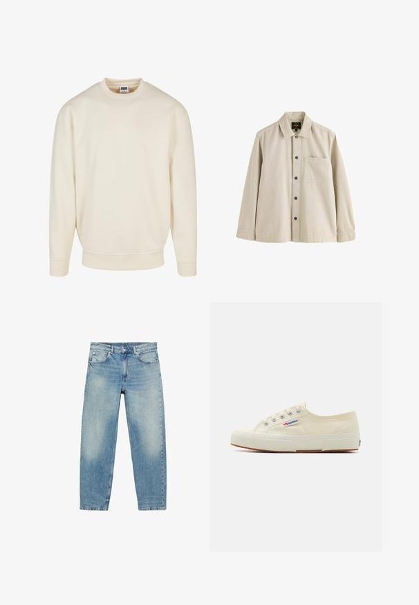 Cremefarvet sweatshirt med ribbet halsudskæring og manchetter. Har en afslappet pasform, blød tekstur og ingen synlige mønstre eller grafik.; Beige langærmet skjorte med knapper, krave og en brystlomme, lavet af et robust stof.; Blå straight-leg denim jeans med forlommer og bæltestropper, der viser let falmede detaljer på lår og knæ.; Beige lærredssneaker med et lavprofildesign, metaløjet og gummisål. Har et tekstureret mønster og logodetalje på siden.