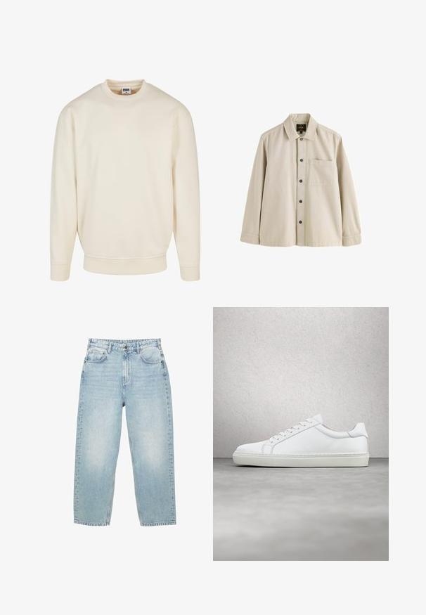 Crème kleurige sweatshirt met een geribde halslijn en boorden. Heeft een losse pasvorm, zachte textuur en geen zichtbare patronen of graphics.; Beige overhemd met lange mouwen, knopen, een kraag en één borstzak, gemaakt van stevig stof.; Lichtblauwe high-waist spijkerbroek met een rechte pijp, voor- en achterzakken en een knoopsluiting met zichtbare stiksels.; Witte sneaker met een gladlederen bovenwerk en een laag profiel. Voorzien van een ronde neus, zes vetergaatjes en een gestructureerde rubberen zool.