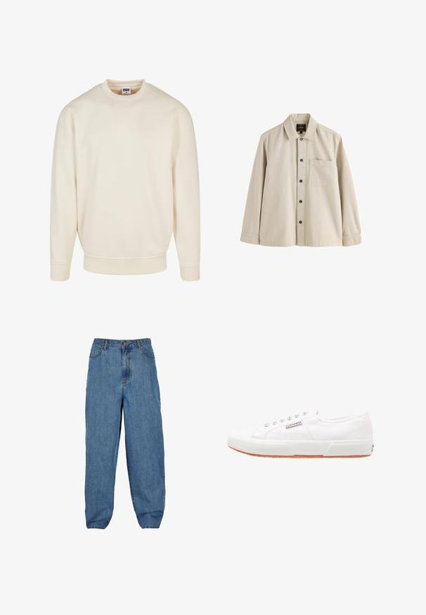 Sudadera color crema con cuello y puños acanalados. Presenta un corte holgado, textura suave y sin patrones o gráficos visibles.; Camisa beige de manga larga con botones, cuello y un bolsillo en el pecho, hecha de una tela resistente.; Pantalones de mezclilla de color azul claro con cintura alta, diseño de pierna ancha, estilo de cinco bolsillos, y cierre de botón y cremallera.; Zapatillas de lona blancas con suela de goma, diseño de cordones y una pequeña etiqueta con el logo en el lateral. Parte superior texturizada blanca y suela marrón.