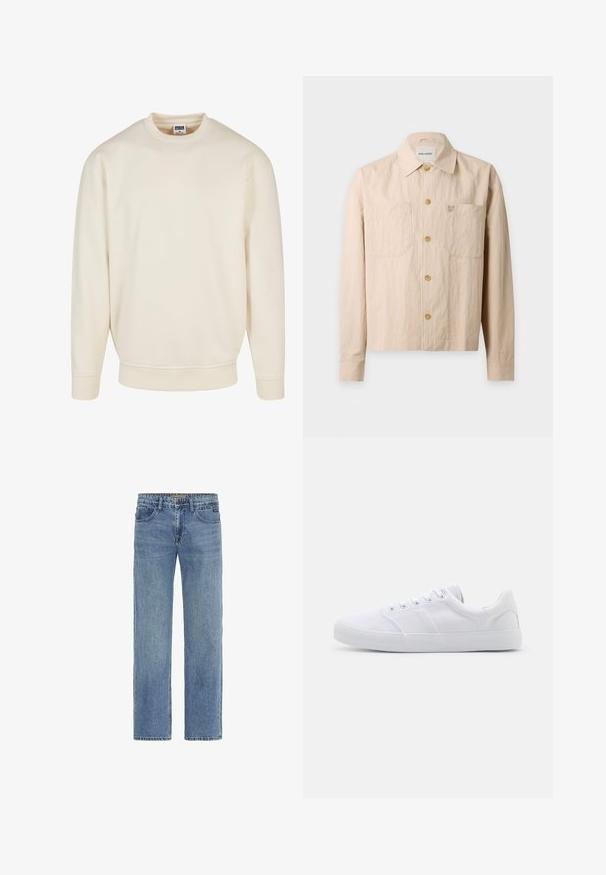 Cremefarvet sweatshirt med ribbet halsudskæring og manchetter. Har en afslappet pasform, blød tekstur og ingen synlige mønstre eller grafik.; Beige skjorte med knapper, lange ærmer, to forlommer på brystet og krave, vist på en hvid baggrund.; Lyseblå denimjeans med lige ben, der har klassisk fem-lommede design og synlige syninger. Ingen udsmykninger.; Hvide lærreds sneakers med gummisål, der har seks snørehuller, en struktureret tåkap og et minimalistisk design.