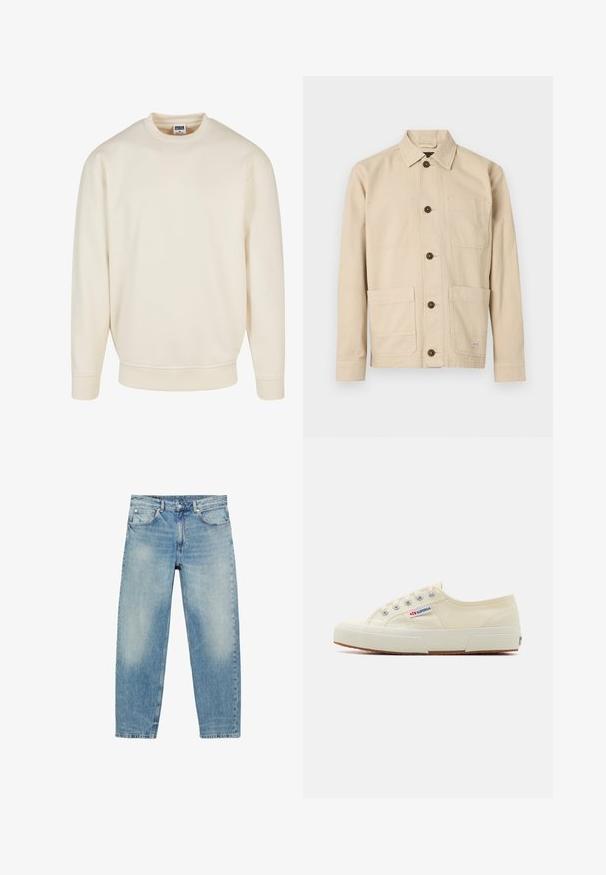 Cremefarvet sweatshirt med ribbet halsudskæring og manchetter. Har en afslappet pasform, blød tekstur og ingen synlige mønstre eller grafik.; Lysebeige arbejdsjakke, bomuldsstof, med knapper foran, spids krave, to brystlommer, to nederste lommer, brune knapper, syningsdetaljer.; Blå straight-leg denim jeans med forlommer og bæltestropper, der viser let falmede detaljer på lår og knæ.; Beige lærredssneaker med et lavprofildesign, metaløjet og gummisål. Har et tekstureret mønster og logodetalje på siden.