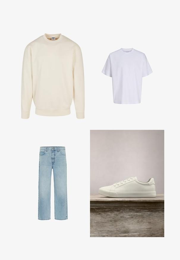 Sweatshirt couleur crème avec un col et des poignets côtelés. Présente une coupe décontractée, une texture douce et aucun motif ou graphique visible.; T-shirt blanc uni oversize à manches courtes, col rond et coupe ample sur fond blanc.; Jean en denim bleu clair à coupe droite avec poches avant et fermeture à boutons, présentant un léger délavage et une usure minimale.; Sneaker en dentelle blanche flottant au-dessus d'un banc en bois avec un feuillage vert en arrière-plan, mettant en valeur le design et la texture de la chaussure.