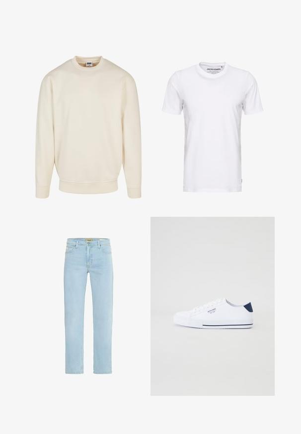Cremefarvet sweatshirt med ribbet halsudskæring og manchetter. Har en afslappet pasform, blød tekstur og ingen synlige mønstre eller grafik.; Hvid t-shirt med korte ærmer lavet af bomuld, med en rund hals og et enkelt design. Brandtag synlig på halsområdet. Ingen mønstre eller accenter.; Lysblå denim jeans med lige snit, fem-lomme design, subtil falmning og klassisk talje med lukning med knap foran.; Hvide kanvas sneakers med en marineblå hælaccents, flad gummisål, rund tå og hvide snørebånd. Har logo på siden.