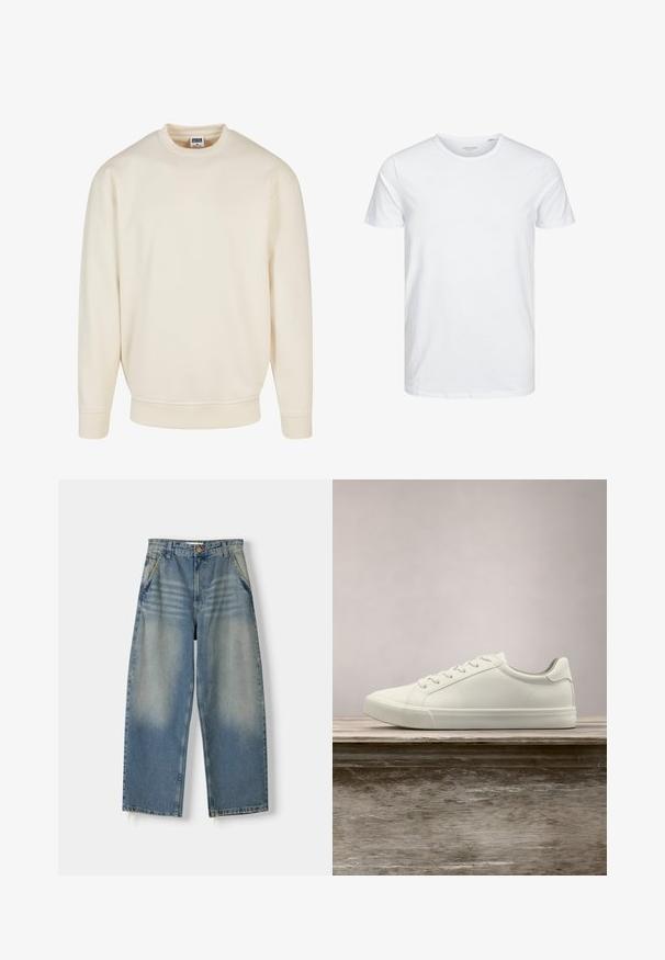 Cremefarbener Sweatshirt mit geripptem Halsausschnitt und Bündchen. Hat eine lockere Passform, weichen Griff und keine sichtbaren Muster oder Grafiken.; Rundhals-T-Shirt mit kurzen Ärmeln in reinem Weiß, aus weicher Baumwolle, mit einem schlichten Design ohne sichtbare Muster oder Akzente.; Hellblaue Denim-Jeans im weit geschnittenen Stil mit einem ausgewaschenen Finish, Fünf-Taschen-Design und rohem Saum. Mit einem Knopf- und Reißverschluss vorne.; Weiße Schnürsneaker, die über einer Holzbank mit grünem Laub im Hintergrund schweben und das Schuhdesign sowie die Textur zeigen.