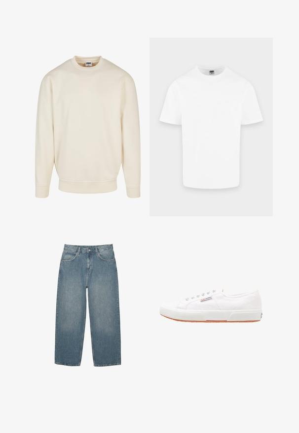 Crème kleurige sweatshirt met een geribde halslijn en boorden. Heeft een losse pasvorm, zachte textuur en geen zichtbare patronen of graphics.; Effen witte katoenen T-shirt met korte mouwen en ronde hals, weergegeven op een lichtgrijze achtergrond.; Blauwe high-waisted straight-leg jeans met voorzakken, riemlussen, knoopsluiting en subtiele vervaging op een witte achtergrond.; Witte canvas sneakers met een rubberen zool, vetersluiting en een klein logolabel aan de zijkant. Gewreven wit bovenwerk en een bruine zool.