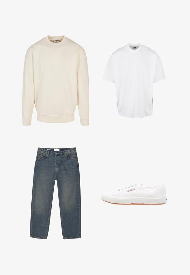 Cremefarvet sweatshirt med ribbet halsudskæring og manchetter. Har en afslappet pasform, blød tekstur og ingen synlige mønstre eller grafik.; Hvid bomulds T-shirt med en afslappet pasform, korte ærmer og rund halsudskæring, med en lige kant og ingen synlige grafikker eller mønstre.; Blå denimjeans med en løs pasform, der har et klassisk fem-lomme design og minimal falming. Inkluderer en knaplukning og bæltestropper.; Hvide kanvas sneakers med gummisål, snørebåndsdesign og et lille logo mærke på siden. Tekstureret hvid overdel og brun ydersål.