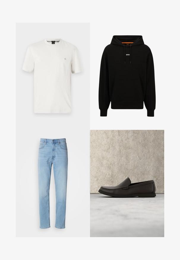 Schwarzer Kapuzenpullover mit einer Fronttasche, verstellbarem Kordelzug und weißem "BOSS"-Logo auf der Brust. Glattes Material und gerippte Saumabschlüsse.; Weißes Baumwoll-T-Shirt mit rundem Halsausschnitt, kurzen Ärmeln und einem kleinen Logo-Patch auf der linken Brust. Glatte Textur, normale Passform.; Hellblaue Jeans mit geradem Schnitt, fünf Taschen und Gürtelschlaufen. Der Stoff hat eine glatte Textur mit einem leichten Verblassungseffekt.; Dunkelbraune Lederloafer mit einer runden Zehenpartie, dezenten Nähdetails und einer niedrigen Gummisohle. Glatte Textur mit flexibler Passform.