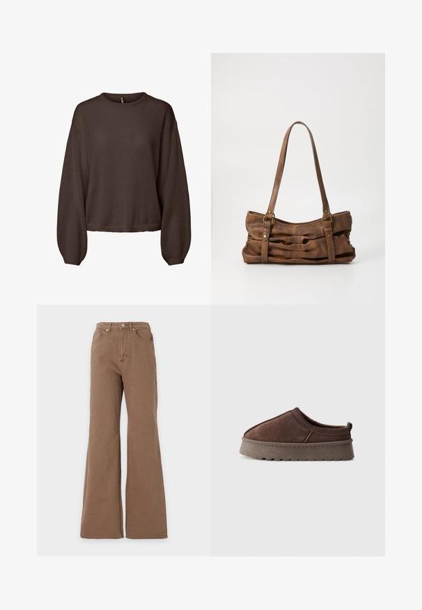 Pull en maille marron à manches longues, col rond côtelé, coupe ample et ourlet légèrement raccourci, présenté sur fond blanc uni.; Jean marron taille haute avec jambe évasée, fermeture par boutons sur le devant, poches avant et arrière, présenté sur un fond uni.; Chausson en daim marron à enfiler avec semelle en caoutchouc épaisse, dos bas et détails brodés, présenté sur fond gris clair.; Even&Odd Sac à main - brown