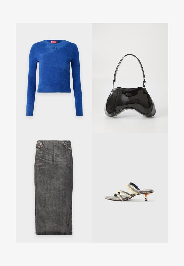 Blå langærmet cropped sweater med rund hals, subtil tekstur og lille oval logoemblem under halsudskæringen.; Grå denim midi-skjørt med vertikale striber, med høj talje, fem lomme-design og en ren kant.; Denim slidesandaler med tre gule, frynset remme, en let spids tå og en metal kitten heel. Flad sål med dekorativ syning.; Sort patentlæder håndtaske med en unik buet form, kort justerbar hank og en lynlåslukning i toppen. Glat tekstur med diskret branding.