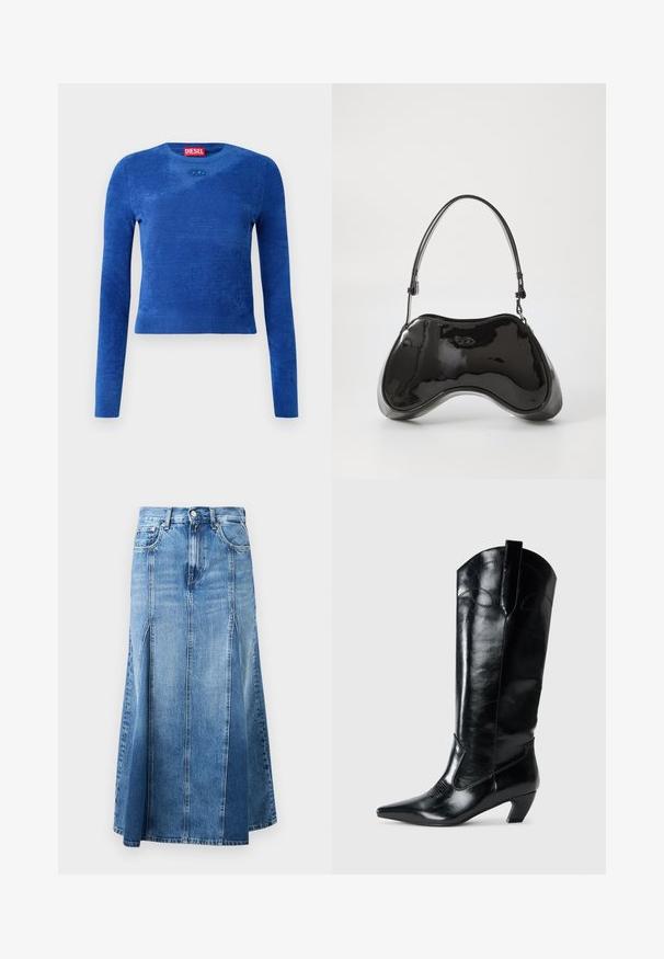 Sinivihreä pitkähihaine lyhyttoppinen villapaita, jossa on pyöreä kaula-aukko, hienovarainen rakenne ja pieni soikea logo embleemi kaula-aukon alla.; Denim-hame, jossa on vaaleasta tummansiniseksi menevä gradientti, polvipituinen, suora leikkaus, etureiät sekä klassinen nappi- ja vetoketjukiinnitys.; Mustat nahkaiset polvenkorkuiset saappaat, joissa on teräväkärkinen muoto, matala korko ja koristeellinen ompelu sivuilla. Tasaisen kiiltävä pinta.; Mustat patenttinaiset käsilaukku, jossa on ainutlaatuinen kaareva muoto, lyhyt säädettävä kahva ja vetoketjulla suljettava yläosa. Sileä pinta ja hienovarainen brändäys.