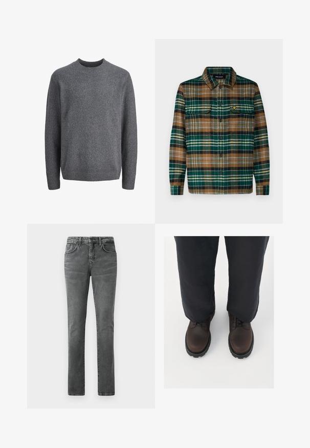 Dunkelgrauer Wollpullover mit Rundhalsausschnitt, langen Ärmeln sowie gerippten Bündchen, Ausschnitt und Saum.; Karierte Flanellhemd in Grün, Braun und Schwarz mit Knopfleiste, zwei Brusttaschen und einem kleinen gestickten Logo auf der linken Tasche.; Graue Jeans aus Denim mit geradem Bein, Fünf-Taschen-Design, dezenter Ausbleichung und Gürtelschlaufen. Keine sichtbaren Logos oder Verzierungen.; Braune Leder-Schnürschuhe mit runder Zehenform, schwarzer Gummisohle und strukturierten Details, kombiniert mit locker sitzenden dunklen Hosen.