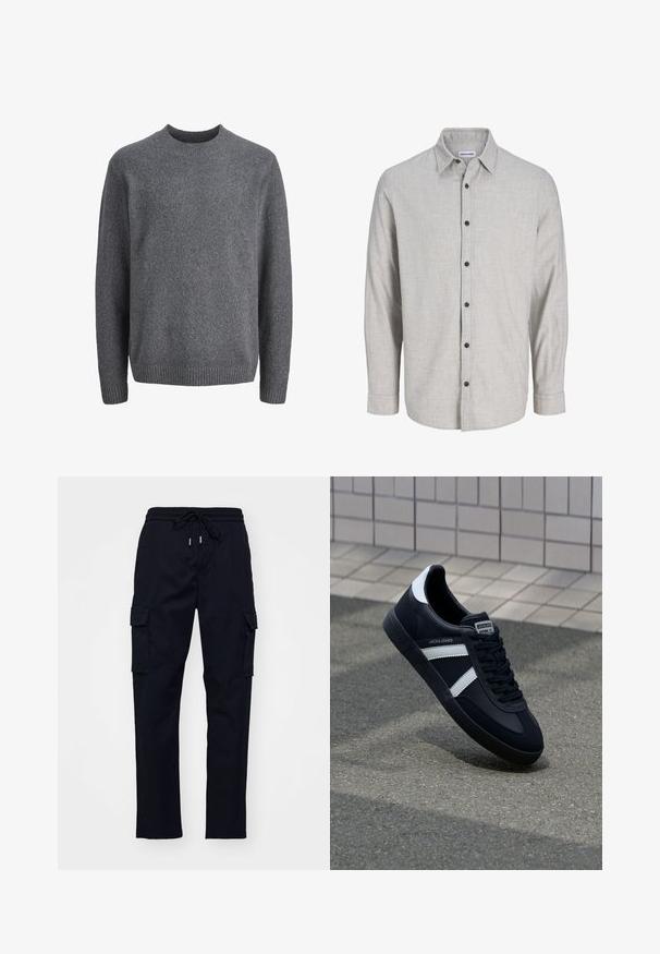 Pull en laine gris foncé à col rond avec manches longues et poignets, col et ourlet côtelés.; Chemise à manches longues gris clair en tissu texturé. Présente un col boutonné et six boutons noirs sur le devant.; Pantalons cargo noirs avec taille élastique, cordon de serrage et deux poches latérales. Tissu lisse avec une coupe fuselée.; Sneaker en cuir noir avec des rayures blanches, semelle en caoutchouc texturée et devant à lacets. Présente une étiquette de marque sur la languette.