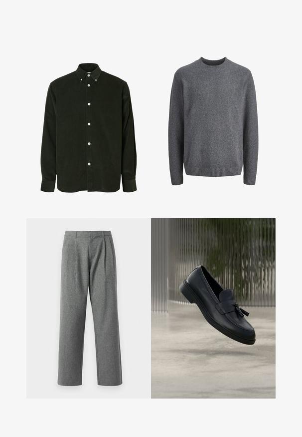 Mørkegrå crewneck uldtrøje med lange ærmer og ribbet kant ved manchetter, halsudskæring og skørt.; Mørkegrøn fløjlsbluse med lange ærmer, hvide knapper og krave med knapper, vist mod en hvid baggrund.; Grå, lige ben bukser lavet af tekstureret stof, med plisseringer foran og et almindeligt taljebånd, uden synlige lommer.; Sorte læderloafers med en glat tekstur, en rundet tå og dekorative kvaster foran. Fleksibel gummisål med lav hæl.