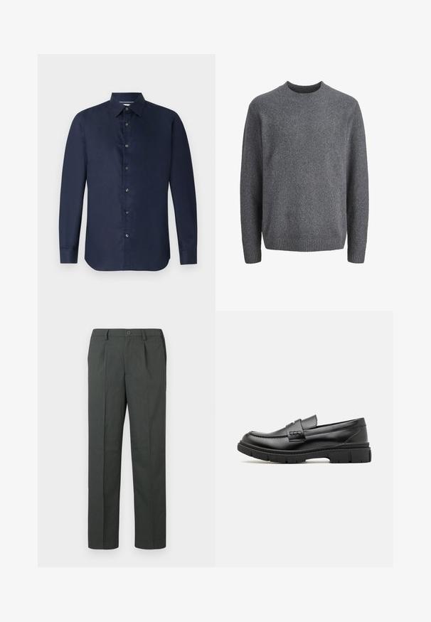 Donkergrijze wollen trui met ronde hals, lange mouwen en geribbelde boorden bij de mouwen, halslijn en zoom.; Navy lange mouwen shirt met een button-down kraag, gladde textuur en een knoopsluiting aan de voorkant; beschikt over een getailleerde pasvorm en een afgeronde zoom.; Grijze stijlvolle broek met een flatte voorkant, rechte pijpen en een enkele knoopsluiting, gemaakt van een lichtgewicht stof.; Zwarte leren instapper met een brede band over de voet, rubberen zool met dikke noppen en een gladde textuur. Klassiek, strak ontwerp.