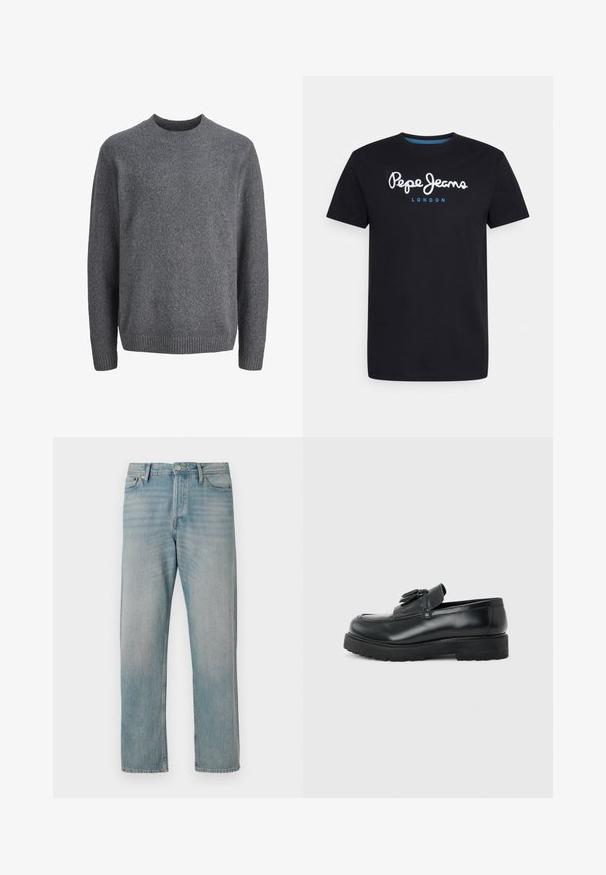Dunkelgrauer Wollpullover mit Rundhalsausschnitt, langen Ärmeln sowie gerippten Bündchen, Ausschnitt und Saum.; Schwarzes Baumwoll-T-Shirt mit einem weißen Schriftlogo "Pepe Jeans" und blauen Akzenten, Rundhals und kurzen Ärmeln. Einfaches, schlichtes Design.; Helle blaue Denim-Jeans mit geradem Bein haben fünf klassische Taschen, einen Knopfverschluss und dezente Auswaschungen für Struktur.; Schwarzer Leder-Slipper mit Quasten, dicke Gummisohle und niedrigem Absatz, im Seitenprofil vor einem einfarbigen Hintergrund gezeigt.