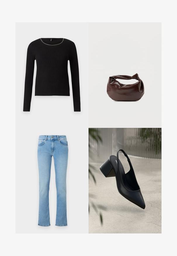Top negro de manga larga acanalado con cuello redondo y un sutil acento metálico a lo largo del cuello. Textura suave, diseño ajustado.; Jeans de denim azul claro con una cintura ajustada, piernas acampanadas, diseño de cinco bolsillos y cierre de botón. La tela tiene una textura suave.; Zapato de tacón slingback de cuero negro con punta afilada y tacón cuadrado. Textura suave, diseño minimalista y correa ajustable en el tobillo.; Bolso de hombro de cuero marrón oscuro con una forma suave y caída, y un asa con nudo torcido sobre un fondo blanco liso.