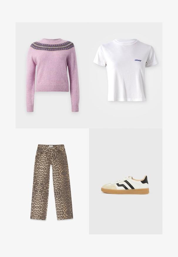 Pull en laine rose avec un col rond, des manches longues et un empiècement décoratif à motifs en violet foncé et vert. Poignets et ourlet côtelés.; T-shirt en coton blanc avec un col rond et des manches courtes, arborant un petit logo bleu "obey" sur la partie gauche de la poitrine.; Jean en denim à imprimé léopard avec une palette de couleurs beige et marron neutres, au design à jambe droite et aux détails de poches traditionnels.; Baskets blanches avec embout beige, bandes latérales noires, semelle brun clair et design bas.