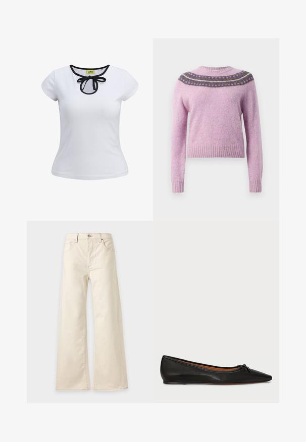 Roze wollen truien met een ronde hals, lange mouwen en een decoratieve gebreide schouderpartij in donkerpaars en groen. Ribgebreide manchetten en zoom.; Witte korte mouwen T-shirt met een zwarte rand rond de halslijn en een strikdetail in het midden. Gemaakt van gladde katoenstof.; High waist wijde broekspijpen in offwhite met knoop en rits aan de voorkant, riemlussen en voor- en achterzakken.; Zwarte leren balletschoenen met een spitse neus, slanke silhouet en een klein strikdetail aan de voorkant. Gladde textuur en minimalistisch ontwerp.
