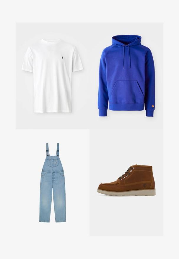 Hoodie en coton bleu avec une grande poche avant, capuche ajustable par cordons et poignets côtelés. Présente un logo orange sur le bas de la manche.; T-shirt en coton blanc avec un col rond classique, des manches courtes et un petit logo noir sur la poitrine gauche. Texture lisse, coupe décontractée.; Salopette en jean bleu clair avec bretelles réglables, poche poitrine avant avec logo, boutons latéraux et jambes larges droites.; Bottes en cuir brun mi-hautes avec un bout rond, lacets noirs et une surface texturée. Présentent une semelle de couleur claire et un détail de logo d'arbre.