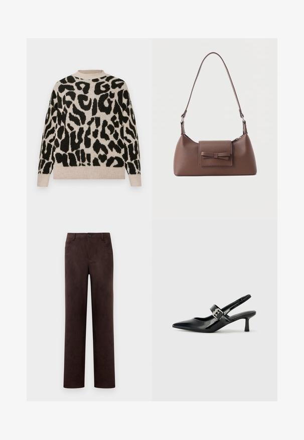 Beige sweater med et dristigt, sort leopardprint, rund halsudskæring og ribbede manchetter og kant for en subtil tekstur.; Mørkebrun suedebukser med lige ben, frontknap og lynlås, bæltesløjfer og sidelommer.; Sorte laker slingback hæle med spids tå og en lille blokhæl, med en sølvspændeaccent på remmen.; Brun skuldertaske i læder med en frontlomme med klap, der har en sydd sløjfedetalje, og en justerbar rem.