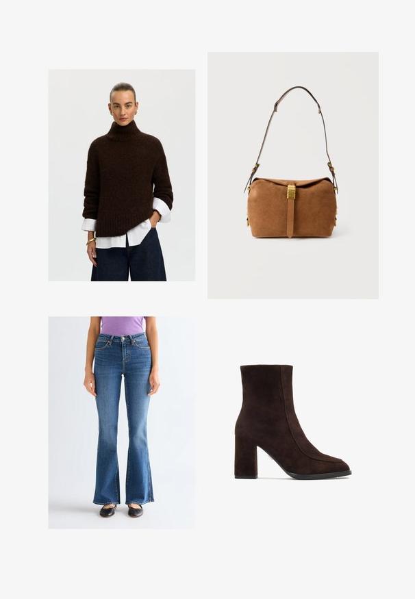 Vrouw met naar achter geslagen haar, die gouden oorringen draagt, een donkerbruine coltrui over een wit overhemd, donkerblauwe broek en een gouden armband.; Vrouw draagt blauwe high-waist bootcut jeans, zwarte ballerina’s en een paarse korte mouwen T-shirt, staand tegen een effen lichte achtergrond.; Bruine suède enkellaars met een vierkante neus, hoge blokhak en een gladde textuur. Heeft minimale stiksels langs de zijkanten.; Bruine suède schoudertas met verstelbare riem en centrale gesp in goudkleurige uitvoering, afgebeeld op een effen lichte achtergrond.