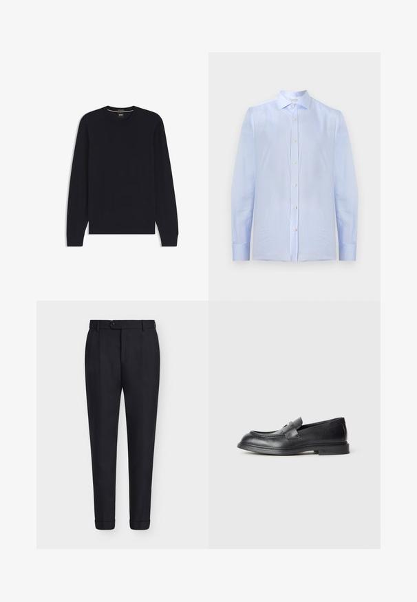 Pull noir à manches longues avec col rond, poignets et ourlet côtelés, présenté à plat avec une étiquette de marque visible à l'intérieur du col.; Chemise habillée homme bleu clair à manches longues avec rayures verticales blanches, boutonnée sur le devant, col classique et poignets boutonnés.; Pantalon noir sur mesure avec fermeture à boutons, passants de ceinture, plis avant et ourlets retroussés sur fond blanc uni.; Mocassins en cuir noir avec une finition texturée, dotés d'une bride décorative à l'avant et d'un bout arrondi. Semelle en caoutchouc pour plus de durabilité.