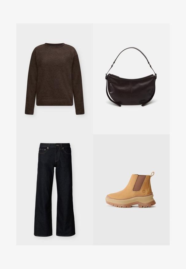 Dunkelbrauner Pullover mit Rundhalsausschnitt, langen Ärmeln sowie gerippten Bündchen und Saum, flach auf einem hellen Hintergrund liegend gezeigt.; Dunkelblaue Jeans mit weitem Bein, vorne mit Knopf, Reißverschluss und Fünf-Taschen-Stil auf hellem einfarbigem Hintergrund.; Braunes Lederknöchelboot mit elastischen Seitenpanelen, rundem Zehenbereich und dicker Gummisohle mit tiefem Profil; verfügt über eine Zuglasche an der Ferse.; Dunkelbraune Leder-Schultertasche mit gebogener Form, glatter Textur und einem verstellbaren Tragegurt. Verfügt über einen Reißverschluss.