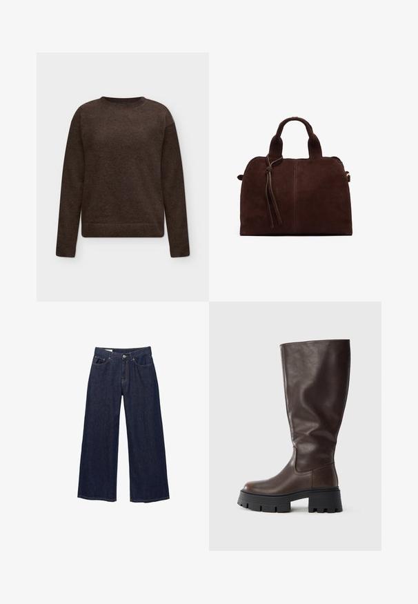 Donkerbruine trui met ronde hals, lange mouwen en geribbelde boorden en zoom, plat liggend op een lichte achtergrond.; Donkerblauwe denim jeans met wijde pijpen, voorzakken, riemlussen en een knoopsluiting.; Bruine leren kniehoge laars met een dikke zwarte zool, gladde textuur, afgeronde neus en minimale stikdetails.; Bruine suède handtas met twee bovenhandvatten, een strikdetail aan de voorkant en contrasterende stiksels. Zachte textuur en gestructureerde vorm.