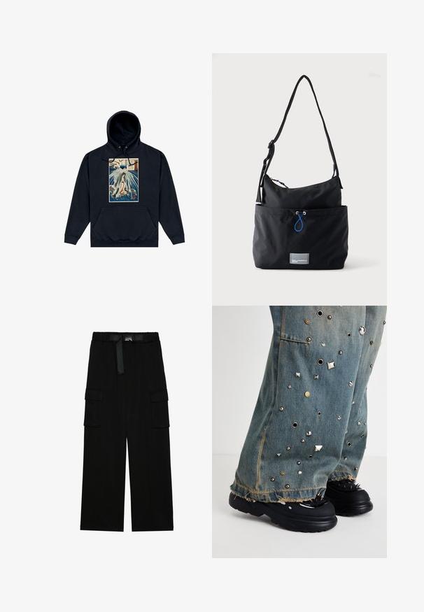 Sudadera negra con un gráfico central que presenta una ilustración de estilo japonés de una figura entre olas y nubes. Cuerdas en la capucha.; Pantalones cargo negros con un diseño de pierna ancha, cinturilla elástica con un cinturón y dos grandes bolsillos laterales para almacenamiento.; Pantalones de mezclilla acampanados con tachuelas metálicas y ojales. Dobladillo deshilachado y bolsillos visibles. Llevados con zapatos negros de suela gruesa que presentan picos.; Bolso de tela negra para hombro con correa ajustable, bolsillo delantero con cordón azul y pequeña etiqueta rectangular con el logo en la base.