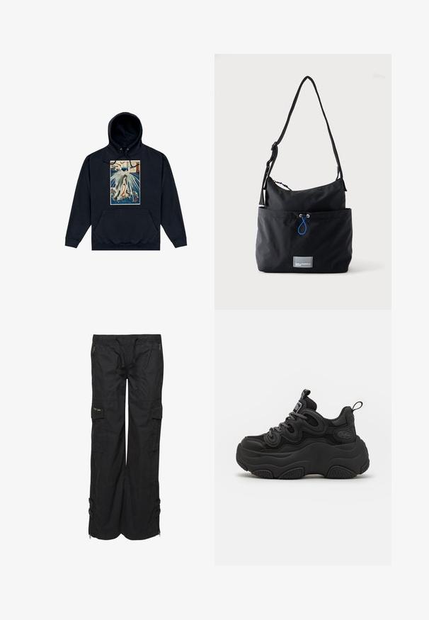 Sudadera negra con un gráfico central que presenta una ilustración de estilo japonés de una figura entre olas y nubes. Cuerdas en la capucha.; Pantalones cargo negros hechos de tejido liviano. Cuentan con una cintura elástica, múltiples bolsillos y cremalleras en el dobladillo. Acabado texturizado.; Zapatilla negra con un diseño voluminoso, que presenta una parte superior texturizada, paneles de malla y una suela de goma gruesa. Cuerdas reflectantes y detalles de marca visibles.; Bolso de tela negra para hombro con correa ajustable, bolsillo delantero con cordón azul y pequeña etiqueta rectangular con el logo en la base.