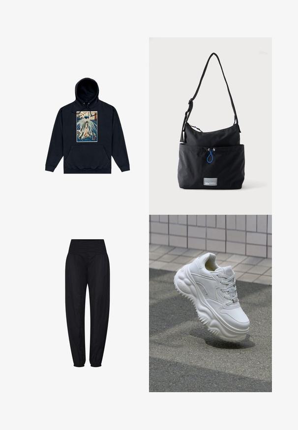 Hoodie noir avec un graphisme central représentant une illustration de style japonais d'une figure au milieu de vagues et de nuages. Cordons à la capuche.; Pantalon noir taille haute avec ceinture smockée et poignets élastiques froncés, coupe ample aux hanches et jambes fuselées.; Baskets blanches en cuir avec une semelle épaisse, des détails texturés et un système de laçage. Présente des accents moulés et une finition lisse.; Sac d'épaule en tissu noir avec sangle réglable, poche avant avec cordon bleu et petite étiquette logo rectangulaire à la base.