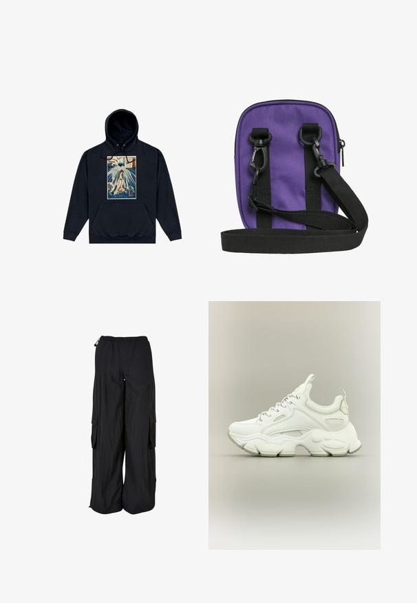 Hoodie noir avec un graphisme central représentant une illustration de style japonais d'une figure au milieu de vagues et de nuages. Cordons à la capuche.; Pantalon cargo noir à jambes larges avec ceinture élastique, poches latérales à rabat et cordons réglables à la taille et à l'ourlet.; Baskets blanches épaisses avec semelle épaisse texturée, dessus en mesh et cuir, fermeture à lacets et languettes sur la languette et le talon.; Petit sac bandoulière violet avec sangle noire réglable et deux attaches à clip noires à l'avant sur fond blanc.