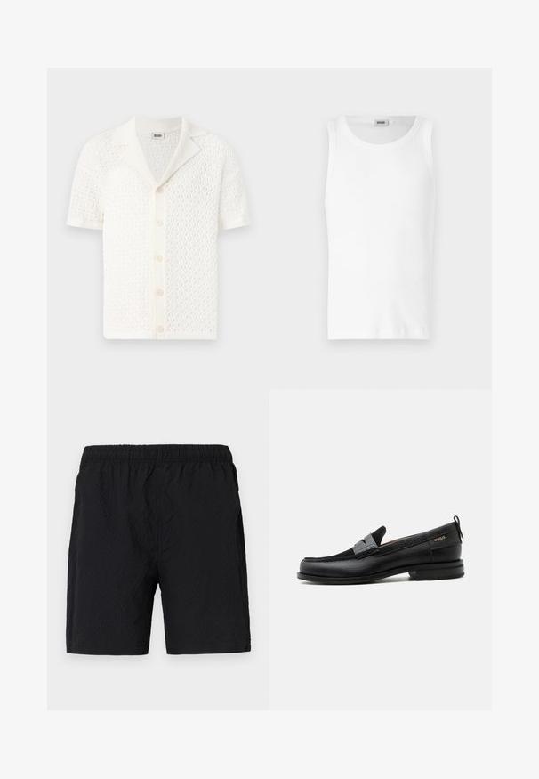 Cardigan blanc en tricot à manches courtes, avec un design en maille texturée et ouverte et un col classique. Présente six boutons de fermeture à l'avant.; Débardeur en coton blanc sans manches avec un col rond et une texture lisse. Design simple, sans motifs ni accents.; Shorts de bain noirs en tissu texturé, dotés d'une taille élastique et de poches latérales, avec une coupe ample.; Mocassin en cuir noir avec détail de bride grise, talon bas et semelle texturée, marqué "HUGO" en or sur le côté.