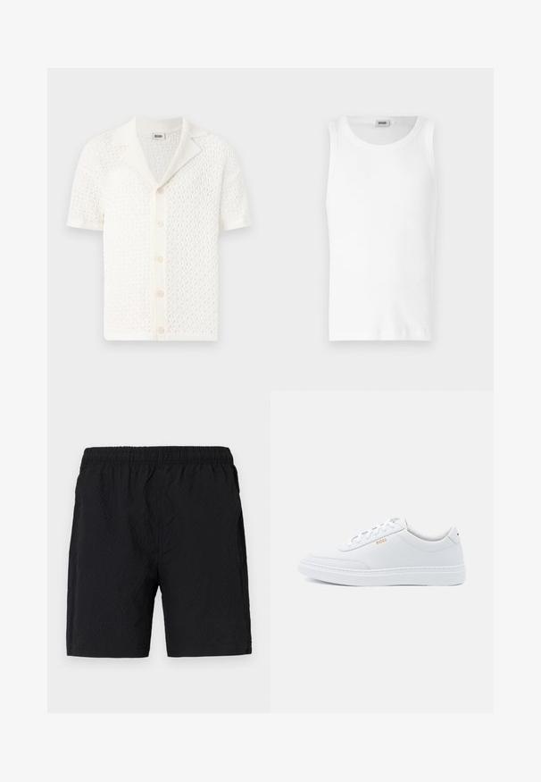 Cárdigan de punto blanco de manga corta con un diseño de tejido abierto y texturizado y un cuello clásico. Presenta seis botones en el cierre frontal.; Camiseta sin mangas de algodón blanco con cuello redondo y una textura suave. Diseño sencillo, sin patrones ni acentos.; Bañador negro hecho de tejido texturizado, con cintura elástica y bolsillos laterales, y un diseño holgado.; Zapatillas de cuero blanco con textura suave, puntera redondeada y costuras tonales. Cuentan con cordones azules y un logo dorado en el lateral.