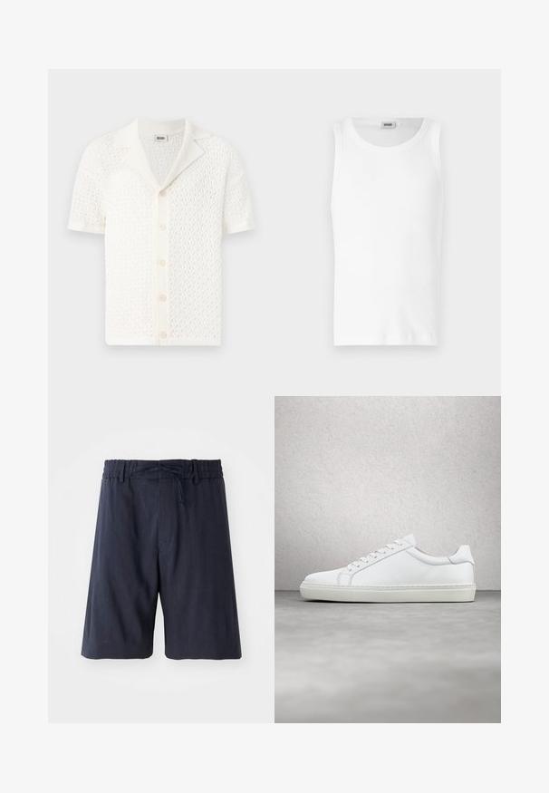 Cardigan blanc en tricot à manches courtes, avec un design en maille texturée et ouverte et un col classique. Présente six boutons de fermeture à l'avant.; Débardeur en coton blanc sans manches avec un col rond et une texture lisse. Design simple, sans motifs ni accents.; Shorts bleu marine avec une taille élastique, cordon de serrage réglable, et un tissu doux au toucher. Présentent une coupe au genou et un design minimaliste.; Sneaker blanche avec une tige en cuir lisse et un profil bas. Présente un bout arrondi, six œillets et une semelle en caoutchouc texturé.