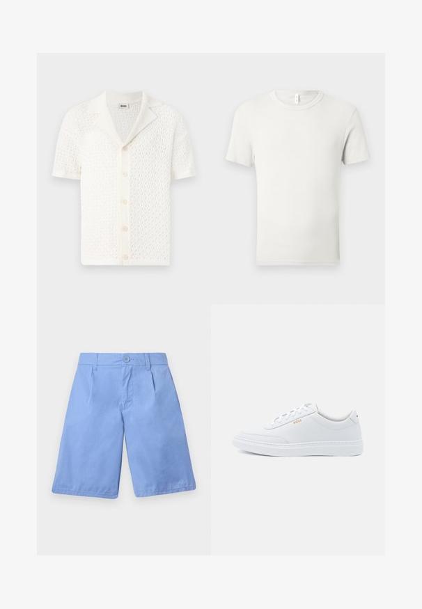 Cardigan blanc en tricot à manches courtes, avec un design en maille texturée et ouverte et un col classique. Présente six boutons de fermeture à l'avant.; T-shirt blanc uni à manches courtes et col rond, étalé à plat sur un fond gris clair, avec une petite étiquette en tissu au niveau du col.; Shorts bleu clair en coton, avec une fermeture à boutons, deux poches avant, une coupe décontractée, et des plis sur le devant.; Baskets blanches en cuir avec une texture lisse, bout rond et coutures tonales. Possède des lacets bleus et un logo doré sur le côté.