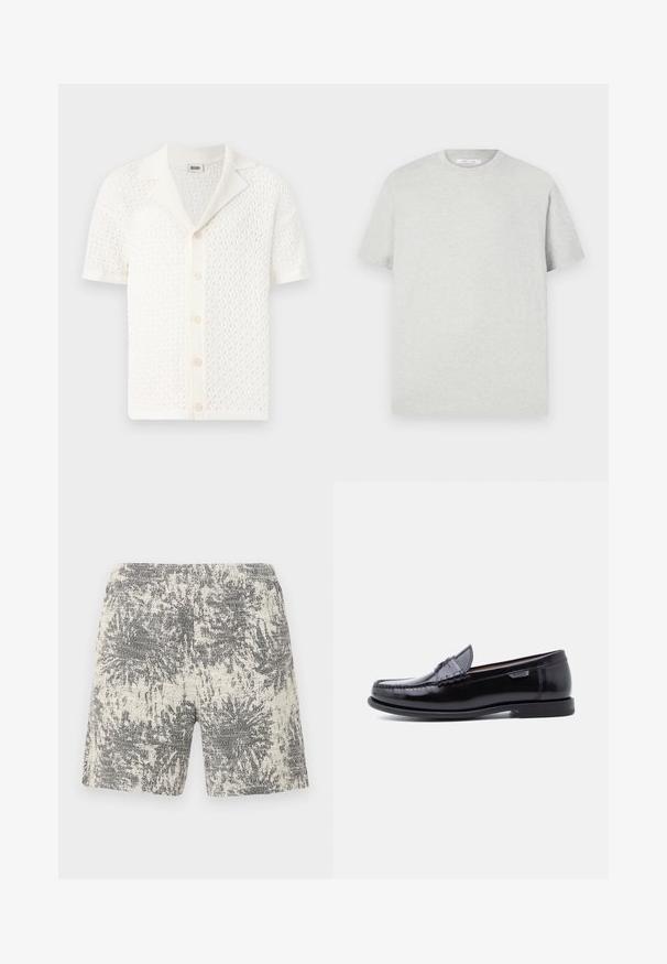 Cardigan blanc en tricot à manches courtes, avec un design en maille texturée et ouverte et un col classique. Présente six boutons de fermeture à l'avant.; T-shirt à manches courtes gris clair en matière douce, avec un col rond et une coupe décontractée, sans motifs ni accents visibles.; Shorts en tricot crème et noir avec un motif texturé et abstrait. La taille élastique offre confort et facilité d'enfilage.; Mocassins en cuir noir avec une finition brillante, présentant un motif cousu sur l'avant-pied et une semelle en caoutchouc noire texturée et basse.