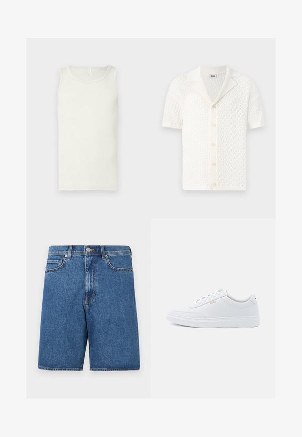 Cardigan blanc en tricot à manches courtes, avec un design en maille texturée et ouverte et un col classique. Présente six boutons de fermeture à l'avant.; Débardeur en coton blanc avec un col rond, des bretelles larges et une coupe ajustée. Texture lisse, sans motifs ni accents.; Shorts en denim d'une teinte bleu moyen, avec un design classique à cinq poches, des accents cousus et une silhouette à coupe droite.; Baskets blanches en cuir avec une texture lisse, bout rond et coutures tonales. Possède des lacets bleus et un logo doré sur le côté.