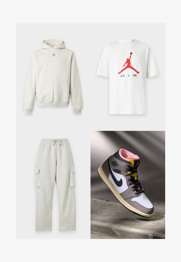 Hellgrauer Kapuzenpullover mit Fronttasche und kleinem roten Jumpman-Logo, zentriert unterhalb des Halsausschnitts.; Weißes T-Shirt mit kurzen Ärmeln mit roter Silhouette eines Basketballspielers, der springt, und dem Wort „AIR“ darunter vorne.; Hellgraue Sweatpants mit elastischem Bund, Kordelzug mit roten Enden und großen Klappentaschen auf beiden Oberschenkeln.; Hohe Nike Air Jordan Sneaker in Weiß, Grau und Schwarz mit pinkem Innenfutter und gelber Zunge, auf einer Betontfläche platziert.