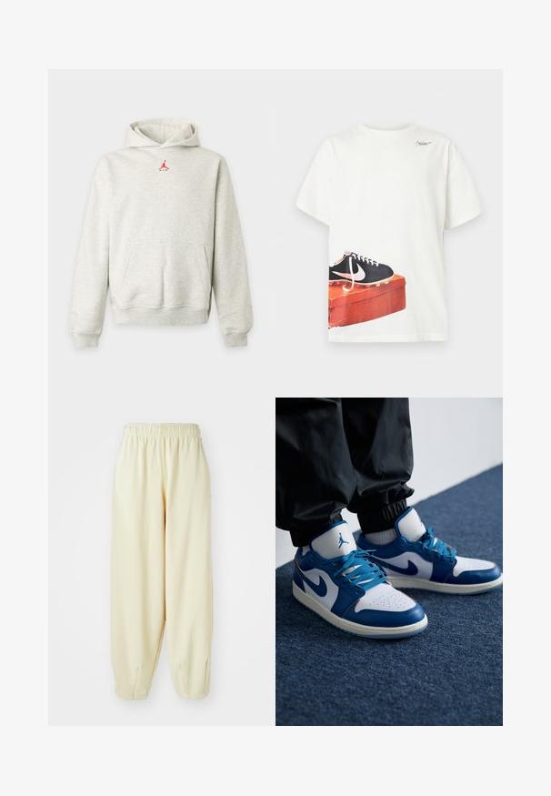 Svetlosivá mikina s kapucňou, predným vreckom a malým červeným logom Jumpman umiestneným pod výstrihom.; Biele tričko s krátkym rukávom s potlačou čierneho futbalového kopačky Nike na opotrebovanej červenej škatuľke na obuv pri leme a malým logom pri výstrihu.; Krémové teplákové nohavice s elastickým pásom, zúženými nohavicami a voľným strihom. Vyrobené z mäkkej, ľahkej látky.; Nike Air Jordan tenisky majú bielu koženú základňu s modrými syntetickými akcentmi, perforovanou špičkou a modrými šnúrkami.