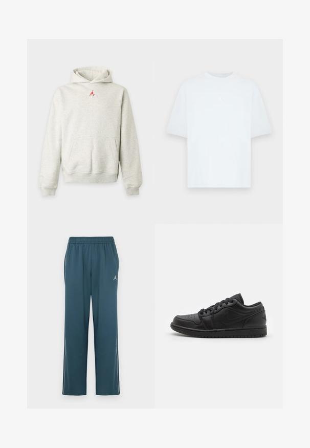Sweat à capuche gris clair avec poche avant et petit logo Jumpman rouge centré sous l'encolure.; T-shirt bleu clair à manches courtes en coton avec un col rond. Présente un petit logo Jordan blanc sur la poitrine.; Pantalon de sport bleu sarcelle foncé avec une taille élastique, deux poches latérales, des bandes blanches sur les côtés et un petit logo sur la cuisse gauche.; Baskets basses en cuir noir avec embout perforé, lacets plats, col rembourré et semelle texturée. Dotées d'un logo discret à l'arrière.
