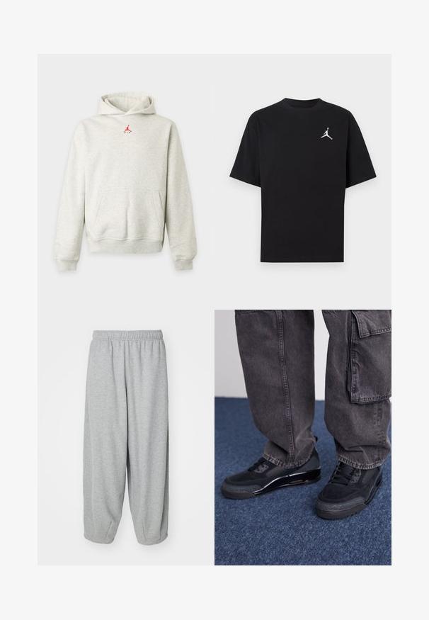 Sweat à capuche gris clair avec poche avant et petit logo Jumpman rouge centré sous l'encolure.; T-shirt en coton noir à manches courtes, avec un logo Jumpman blanc sur la poitrine gauche. Col rond, coupe régulière et texture lisse.; Pantalons de jogging gris clair, amples et fabriqués en tissu doux. Taille élastique et poignets aux chevilles. Design simple et sans ornements.; Des chaussures de sport noires avec une surface texturée, des accents lisses et une semelle épaisse, accompagnées de pantalons cargo larges et foncés.